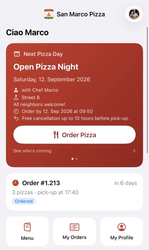 Startbildschirm mit Pizza-Tag